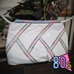 Vintage 80s Fifth Avenue Handbags White Faux Croc Pastel Shoulder Bag USA